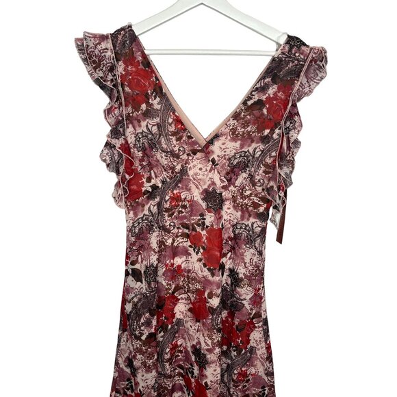 Almost Famous Womens M Pink Red Floral Ruffle V Neck Cottagecore Dress - Picture 6 of 16
